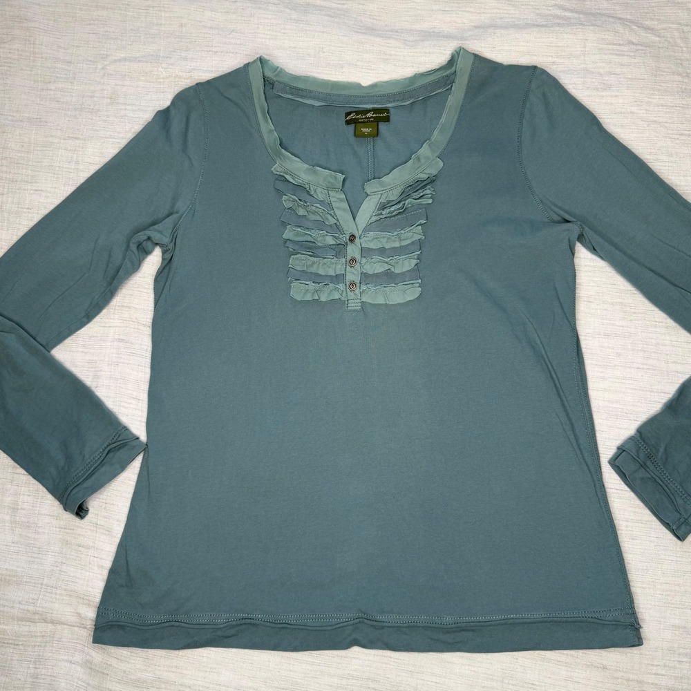 Eddie Bauer Women Medium Teal Blue Ruffle V-Neck Long Sleeve Cotton Top